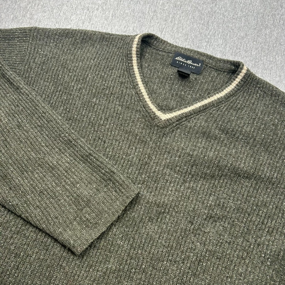 Eddie Bauer Vneck Lambswool Blend‎ Sweater Mens XL Green Ribbed 90s